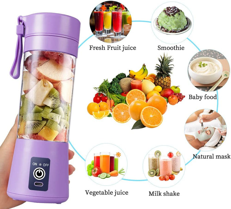 Portable Blender Cup,Electric USB Juicer Blender,Mini Blender Portable Blender for Shakes and Smoothies, Juice,380Ml, Six Blades Great for Mixing,Light Purple