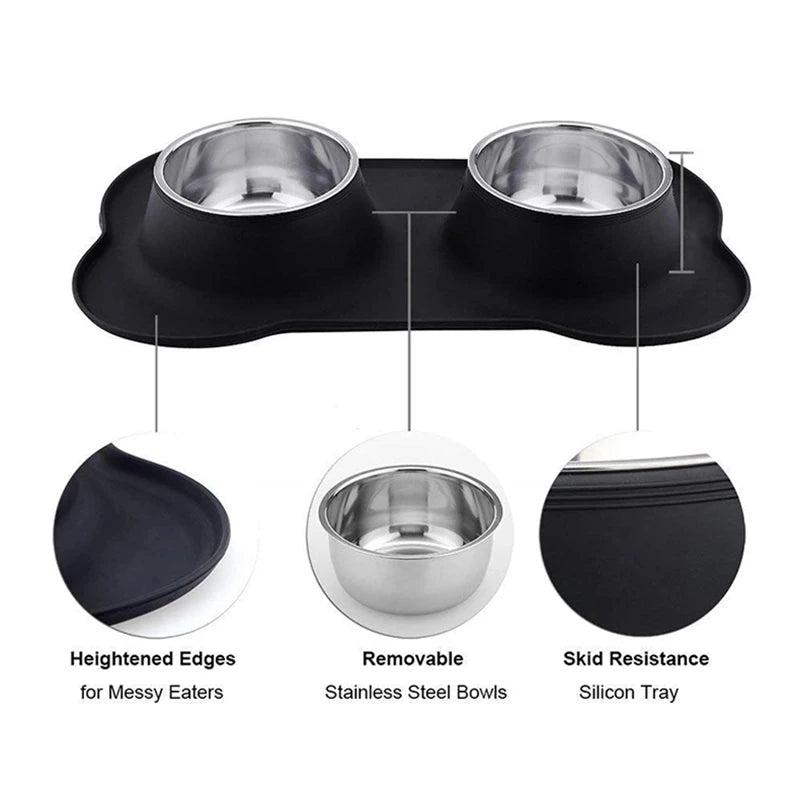 Antislip Double Dog Bowl with Silicone Mat Durable Stainless Steel Water Food Feeder Pet Feeding Drinking Bowls for Dogs Cats