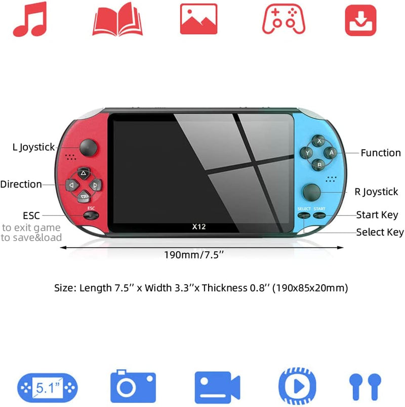 Handheld Game Console 5.1 Inch Pro Retro Games Consoles Built-In Classic Games Rechargeable Battery Portable Style Game Consoles X12
